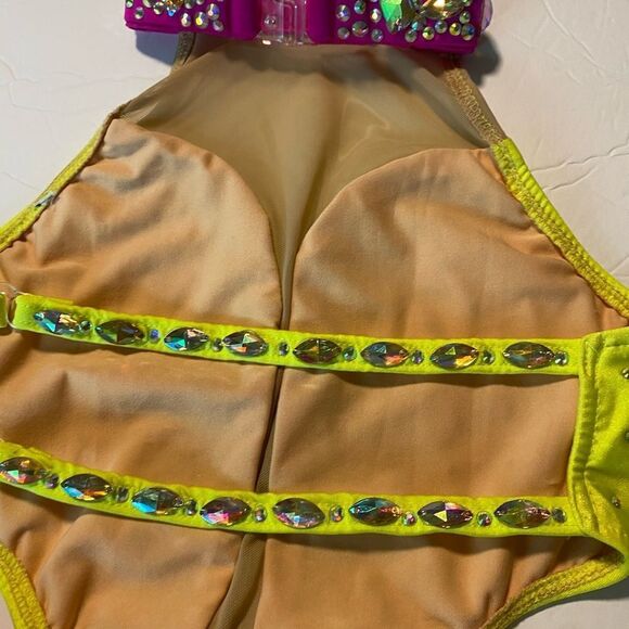 Glamour solo dance costume hot pink neon yellow Feather rhinestone bedazzled LC - Picture 11 of 15